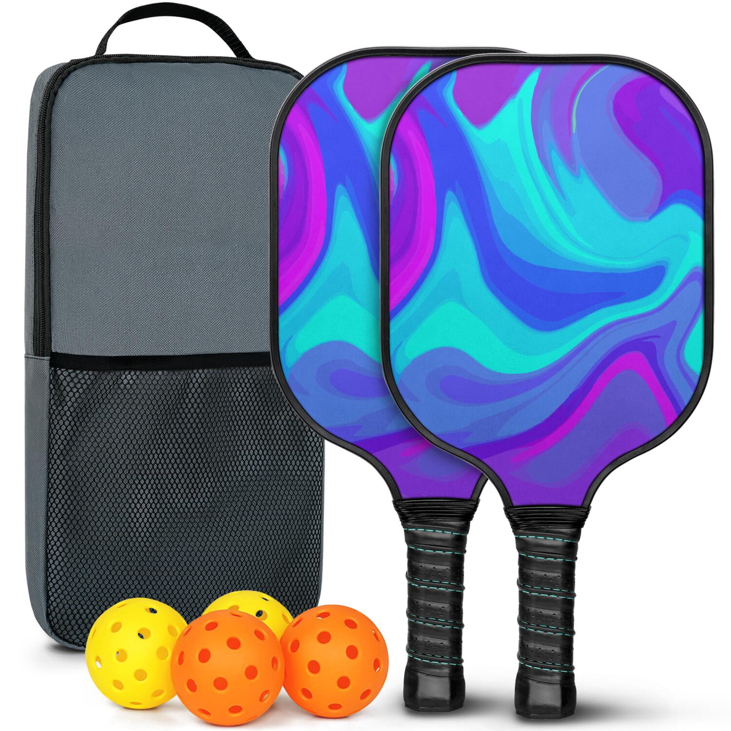 Pickleball Paddles Set Of 2, Fiberglass Surface, Liquid & Marble Print, 4 Balls & Bag