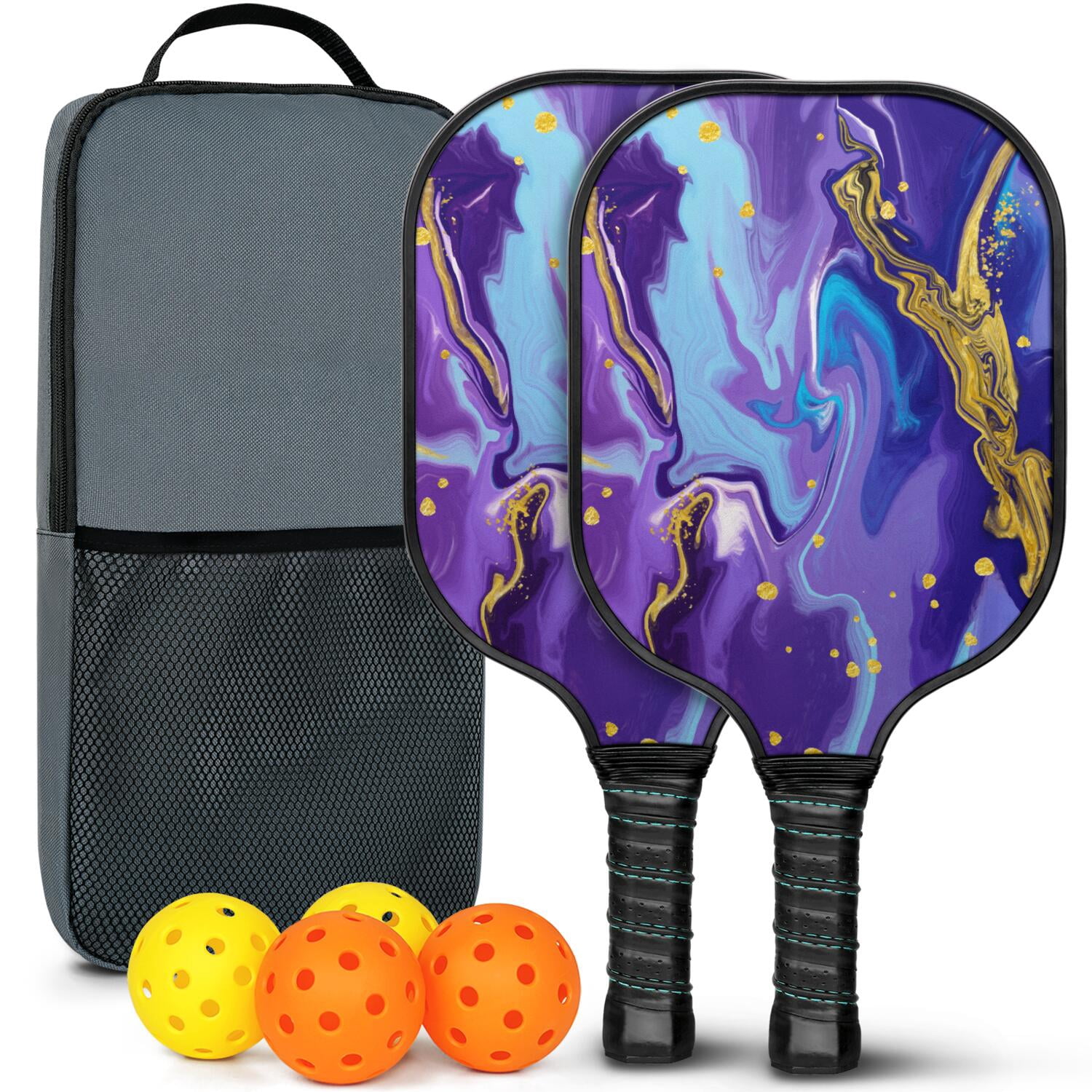 Pickleball Paddles Set Of 2, Fiberglass Surface, Liquid & Marble Print, 4 Balls & Bag