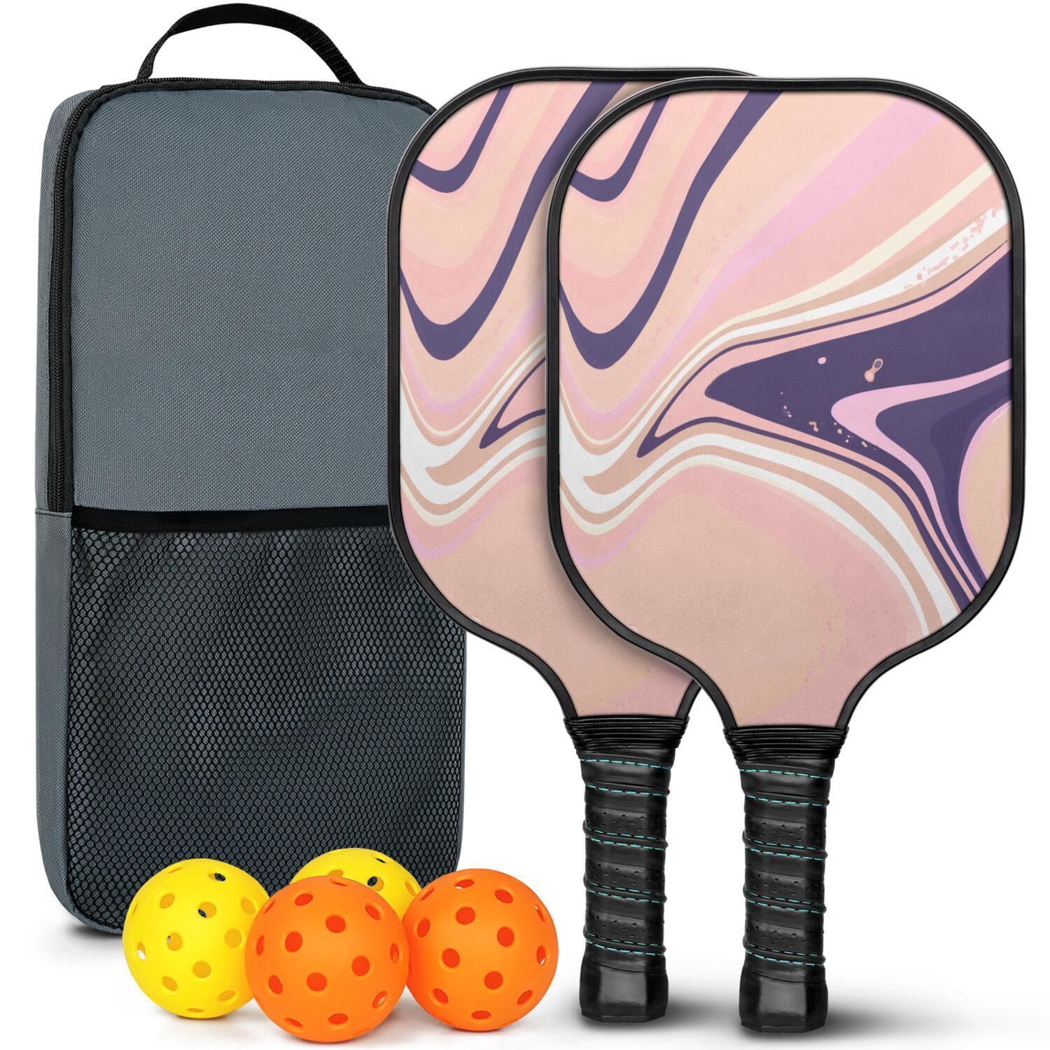 Pickleball Paddles Set Of 2, Fiberglass Surface, Liquid & Marble Print, 4 Balls & Bag