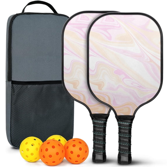 Pickleball Paddles Set Of 2, Fiberglass Surface, Liquid & Marble Print, 4 Balls & Bag