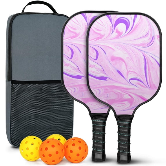 Pickleball Paddles Set Of 2, Fiberglass Surface, Liquid & Marble Print, 4 Balls & Bag