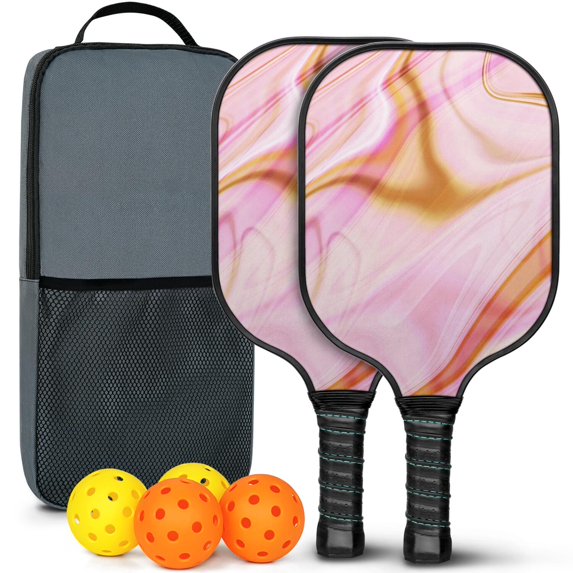 Pickleball Paddles Set Of 2, Fiberglass Surface, Liquid & Marble Print, 4 Balls & Bag