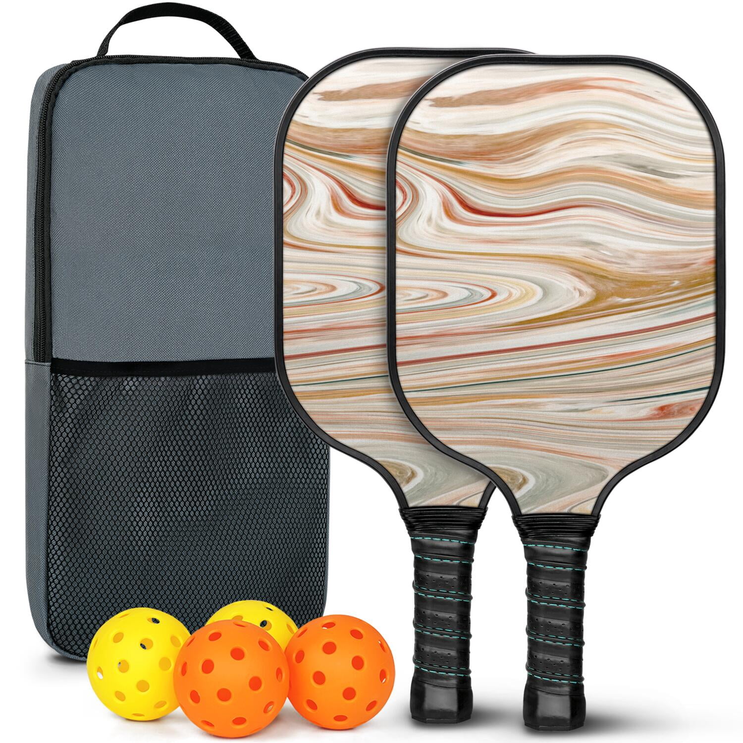 Pickleball Paddles Set Of 2, Fiberglass Surface, Liquid & Marble Print, 4 Balls & Bag