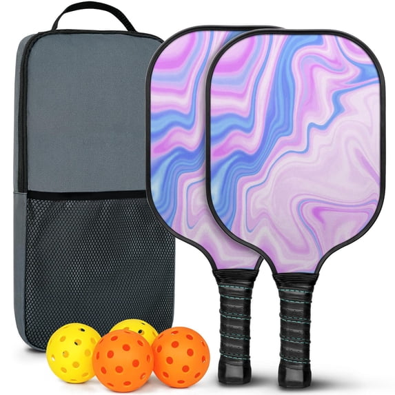 Pickleball Paddles Set Of 2, Fiberglass Surface, Liquid & Marble Print, 4 Balls & Bag