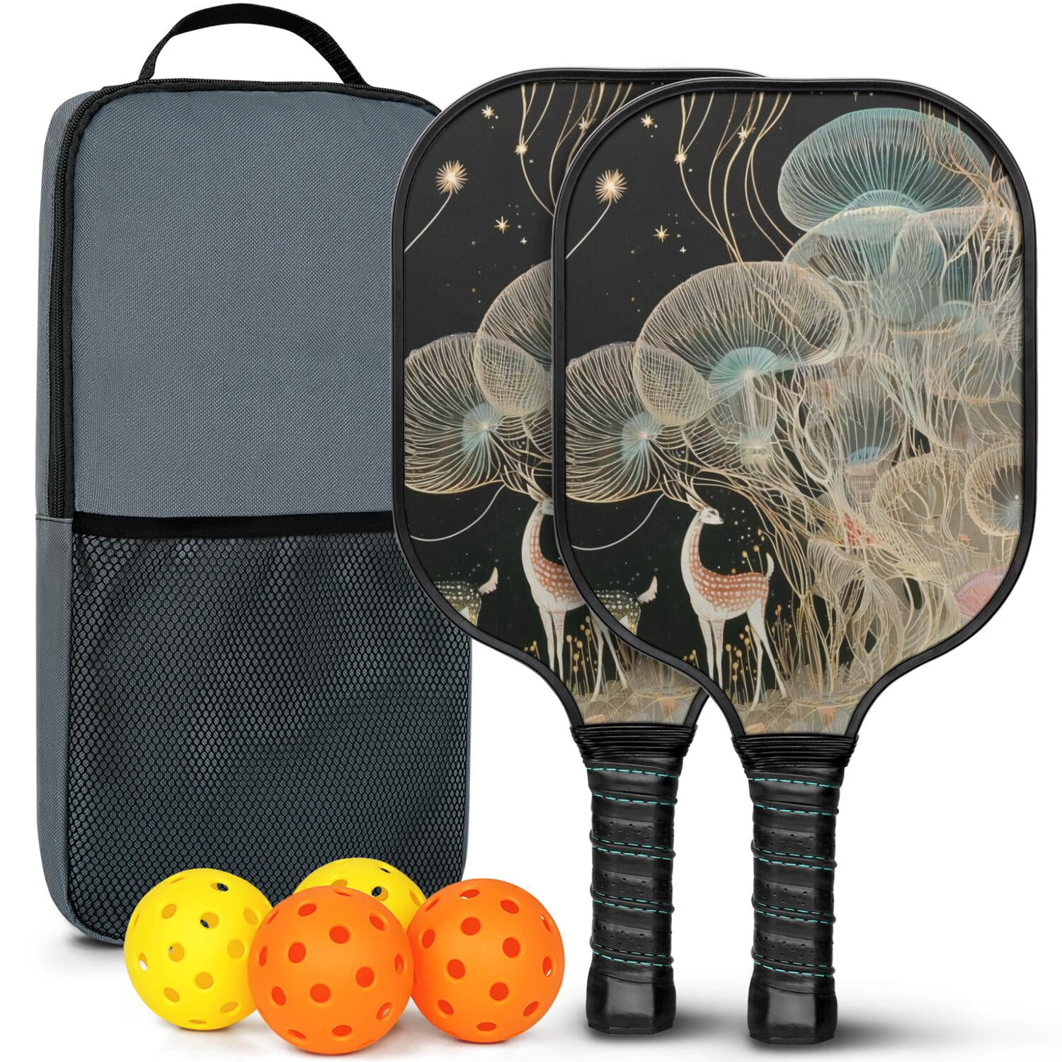 Pickleball Paddles Set Of 2, Fiberglass Surface, Mysterious Fairyland Print, 4 Balls & Bag