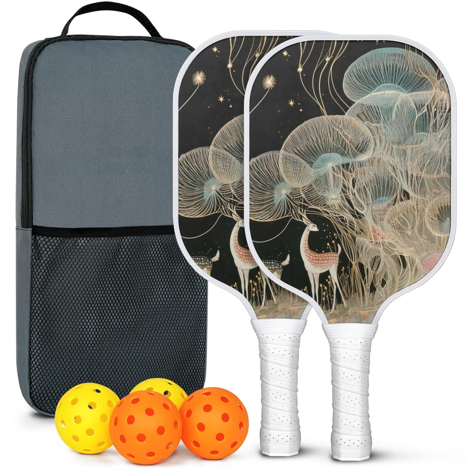 Pickleball Paddles Set Of 2, Fiberglass Surface, Mysterious Fairyland Print, 4 Balls & Bag
