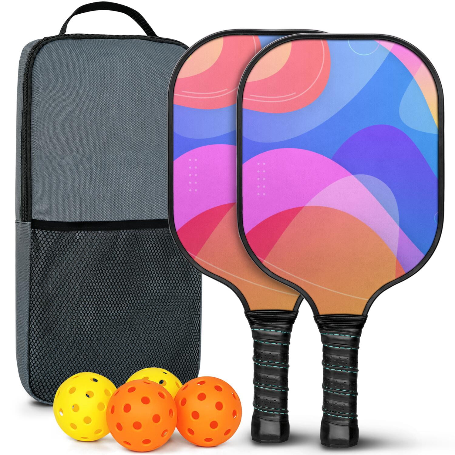 Pickleball Paddles Set Of 2, Fiberglass Surface, Neon Fluid Print, 4 Balls & Bag