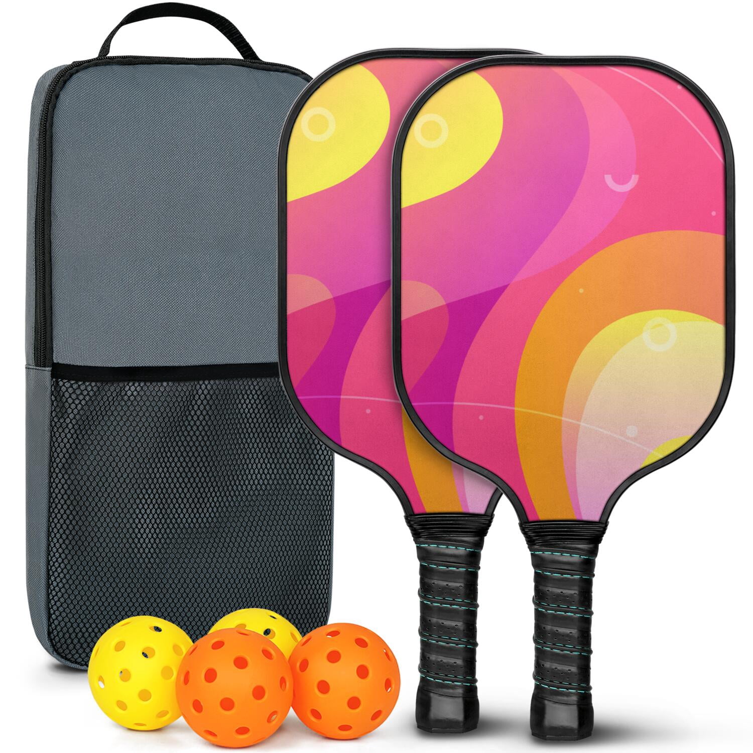 Pickleball Paddles Set Of 2, Fiberglass Surface, Neon Fluid Print, 4 Balls & Bag
