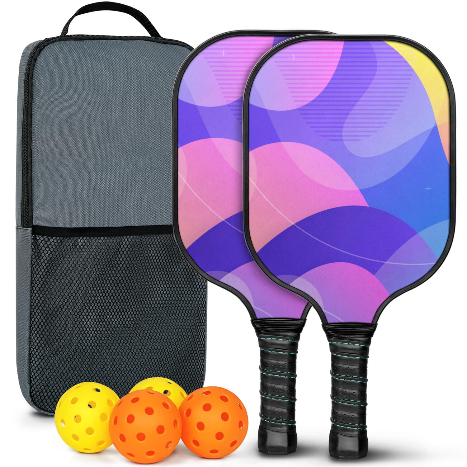 Pickleball Paddles Set Of 2, Fiberglass Surface, Neon Fluid Print, 4 Balls & Bag