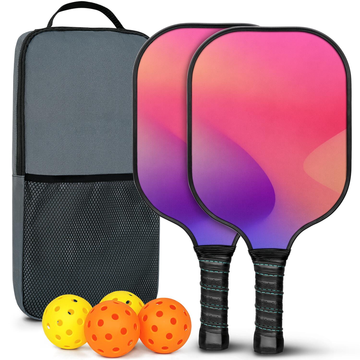 Pickleball Paddles Set Of 2, Fiberglass Surface, Neon Fluid Print, 4 Balls & Bag