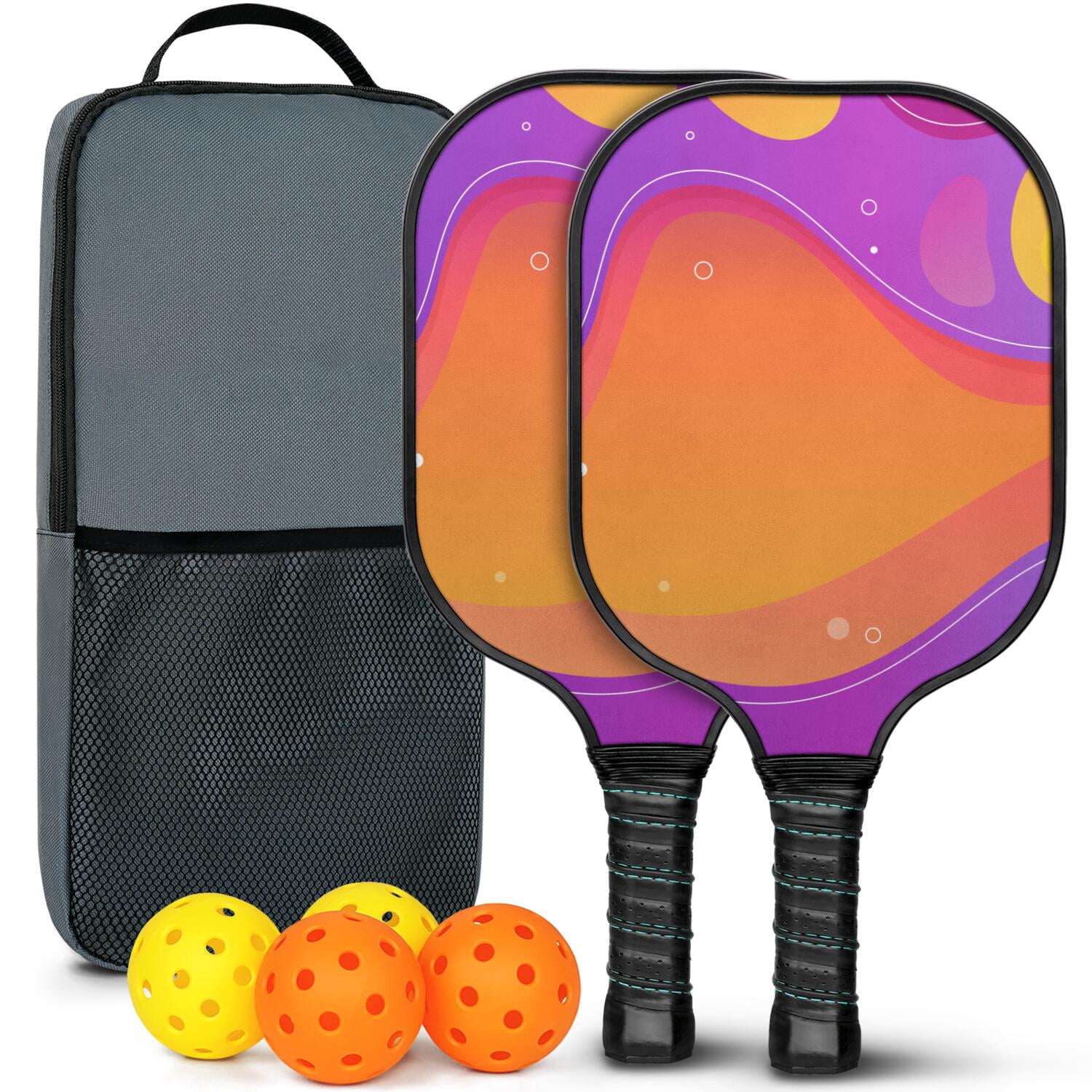 Pickleball Paddles Set Of 2, Fiberglass Surface, Neon Fluid Print, 4 Balls & Bag