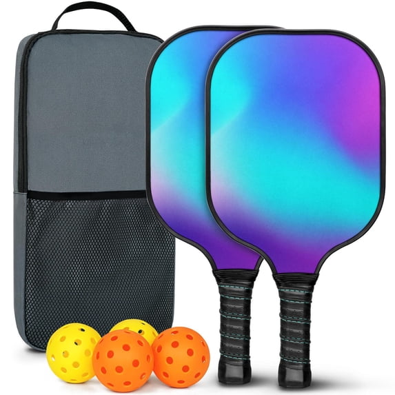 Pickleball Paddles Set Of 2, Fiberglass Surface, Neon Fluid Print, 4 Balls & Bag