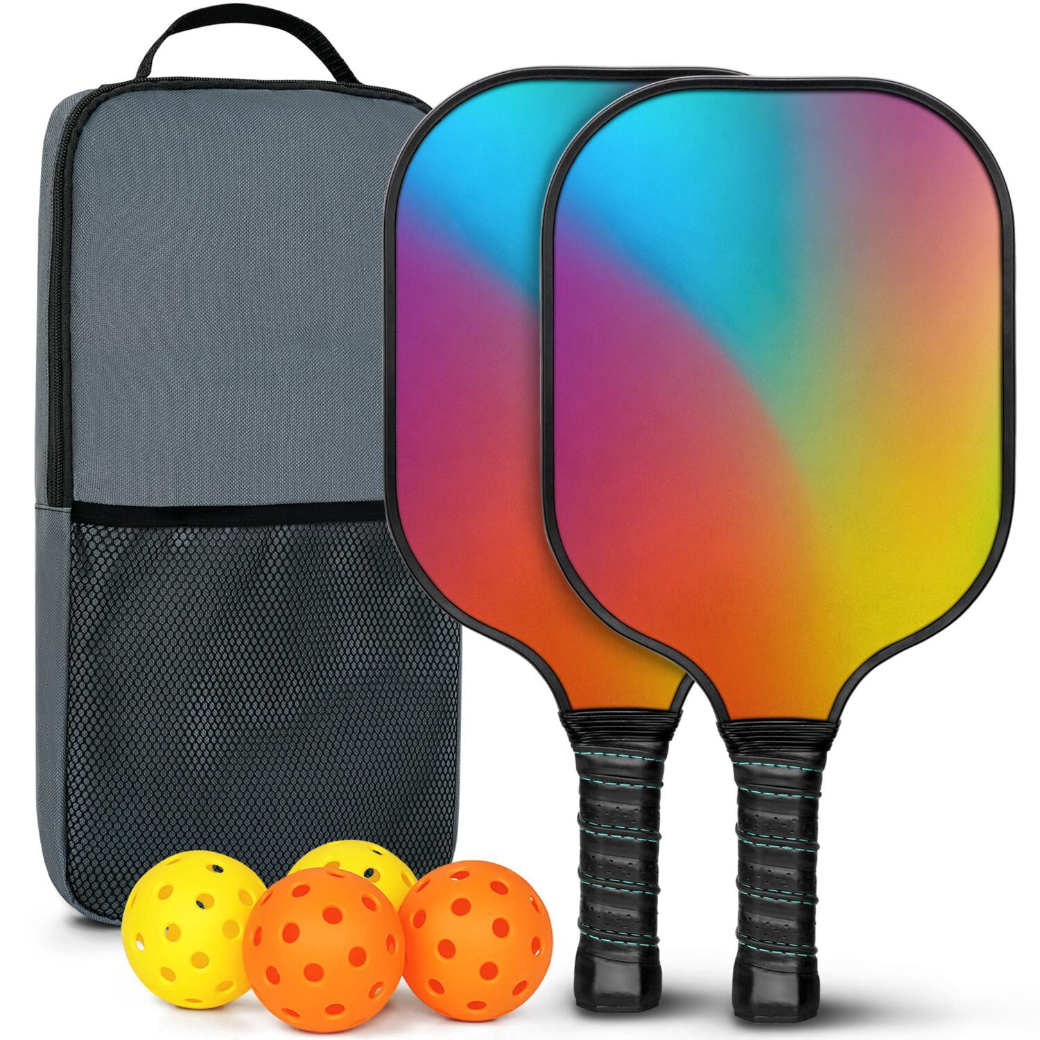Pickleball Paddles Set Of 2, Fiberglass Surface, Neon Fluid Print, 4 Balls & Bag