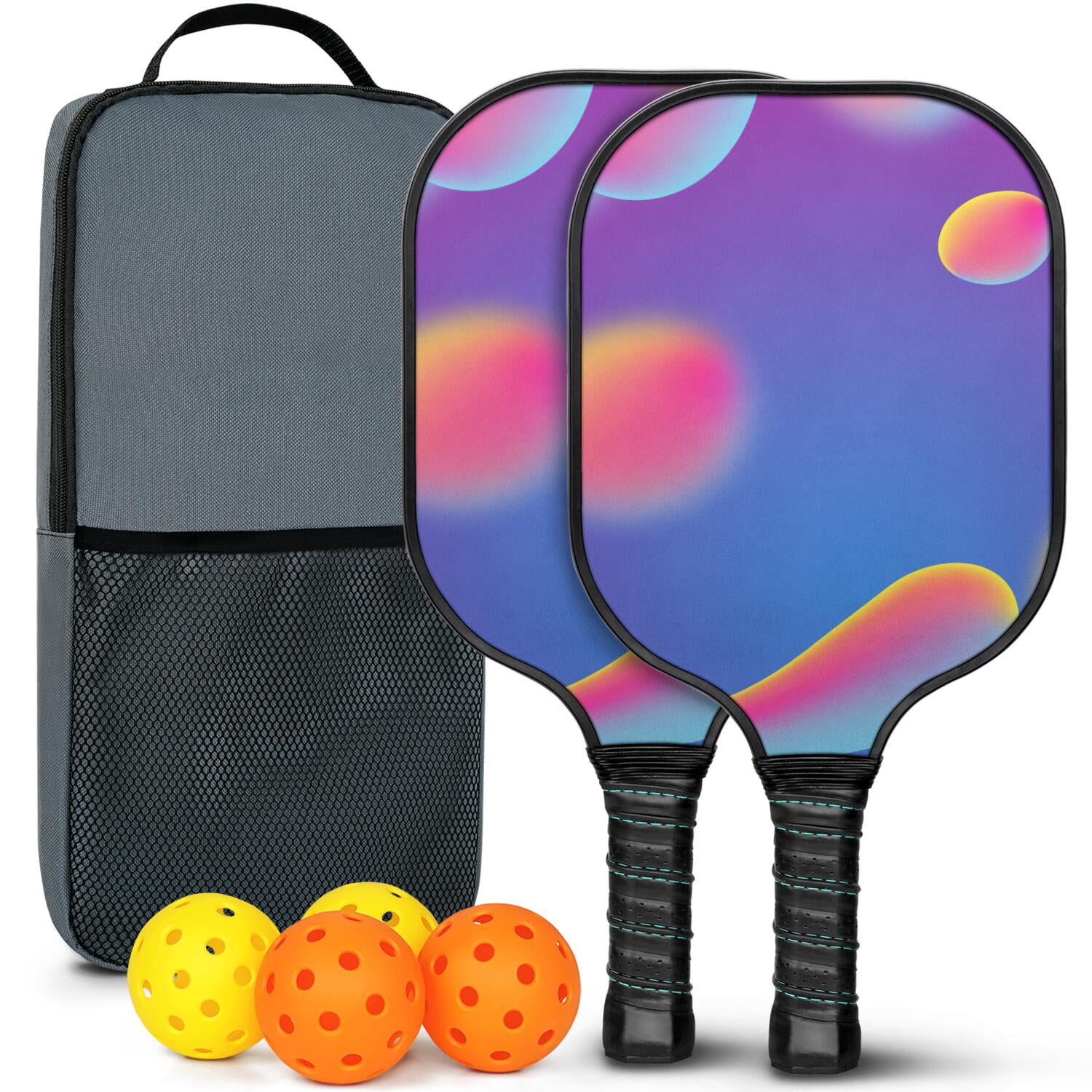 Pickleball Paddles Set Of 2, Fiberglass Surface, Neon Fluid Print, 4 Balls & Bag