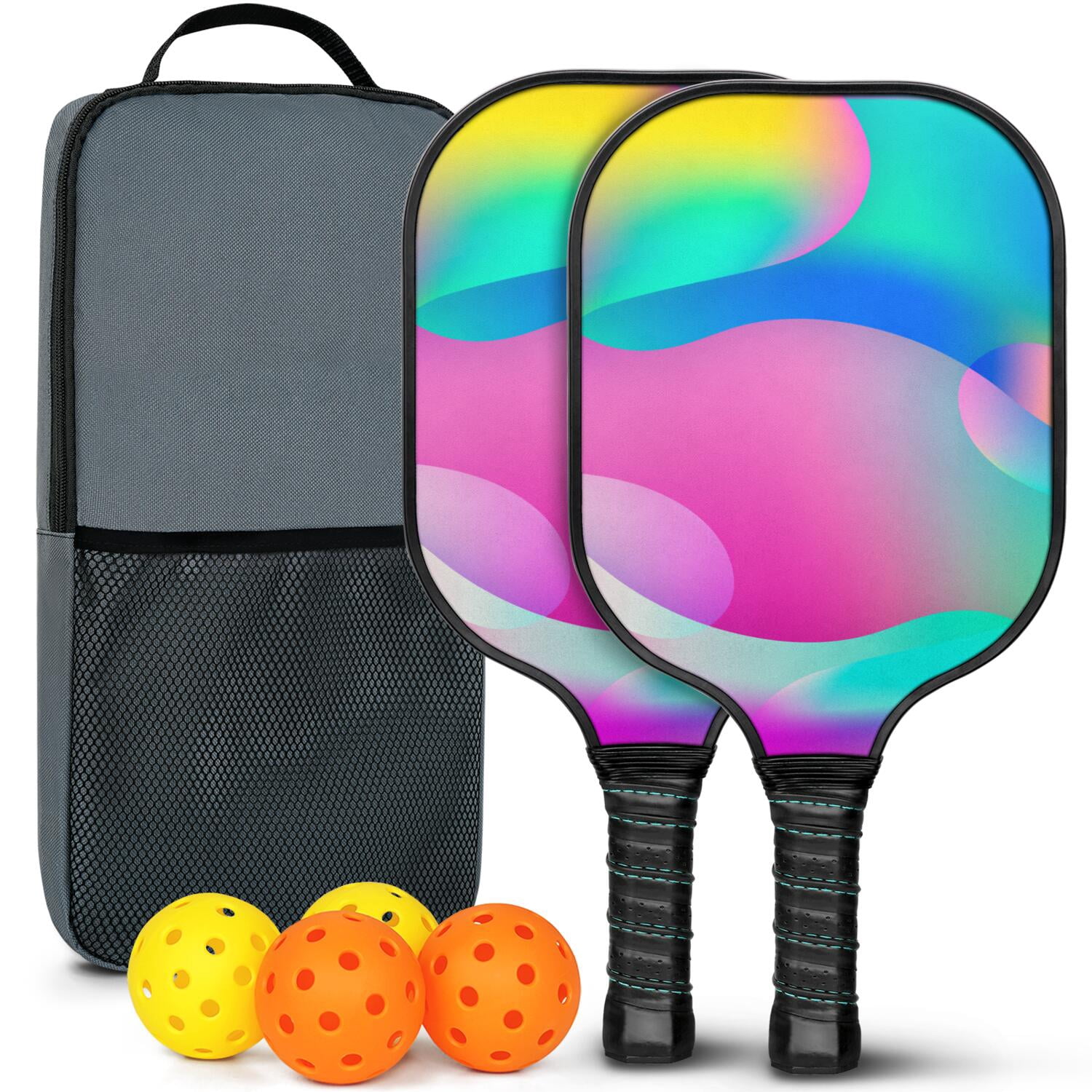 Pickleball Paddles Set Of 2, Fiberglass Surface, Neon Fluid Print, 4 Balls & Bag