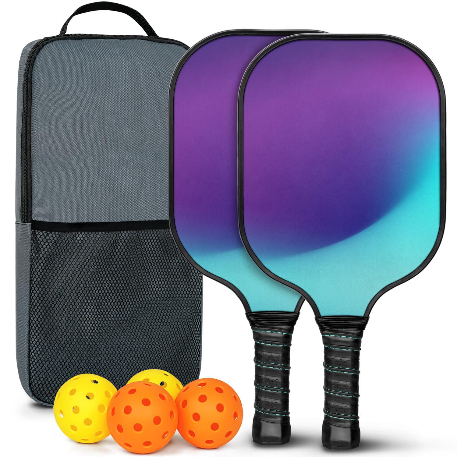 Pickleball Paddles Set Of 2, Fiberglass Surface, Neon Fluid Print, 4 Balls & Bag