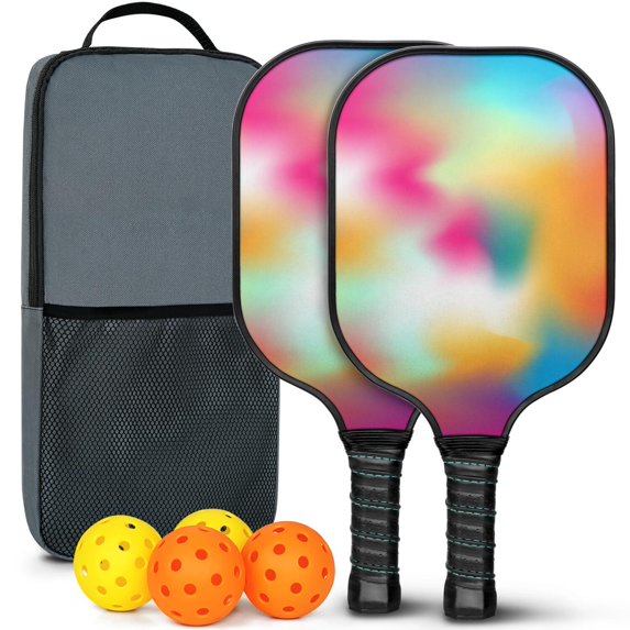 Pickleball Paddles Set Of 2, Fiberglass Surface, Neon Fluid Print, 4 Balls & Bag