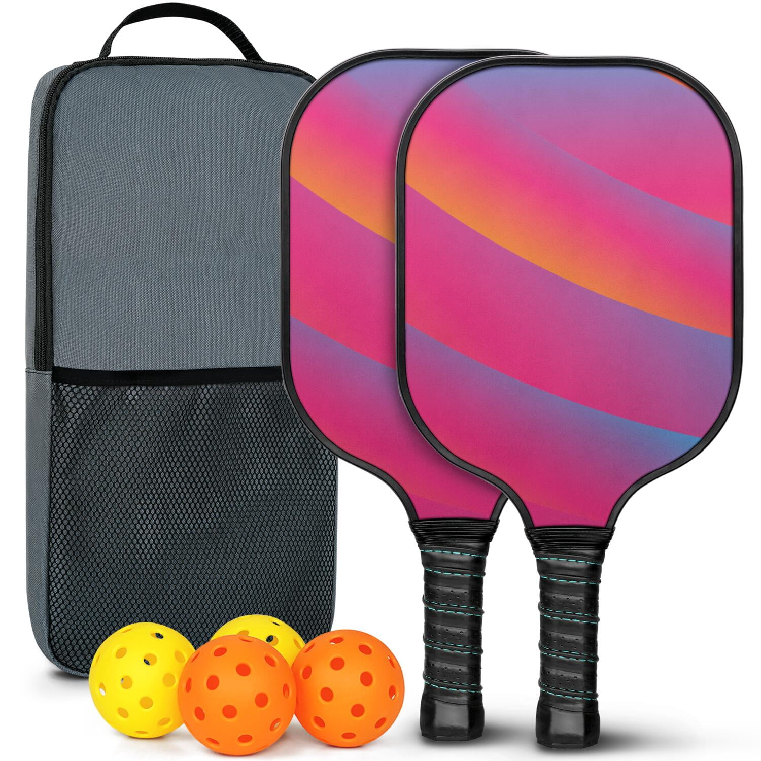Pickleball Paddles Set Of 2, Fiberglass Surface, Neon Fluid Print, 4 Balls & Bag
