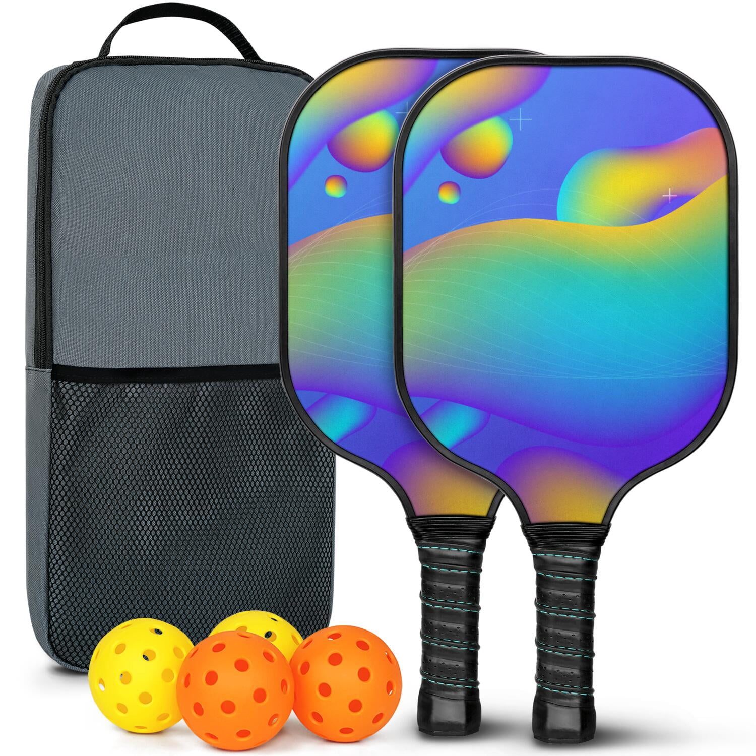 Pickleball Paddles Set Of 2, Fiberglass Surface, Neon Fluid Print, 4 Balls & Bag