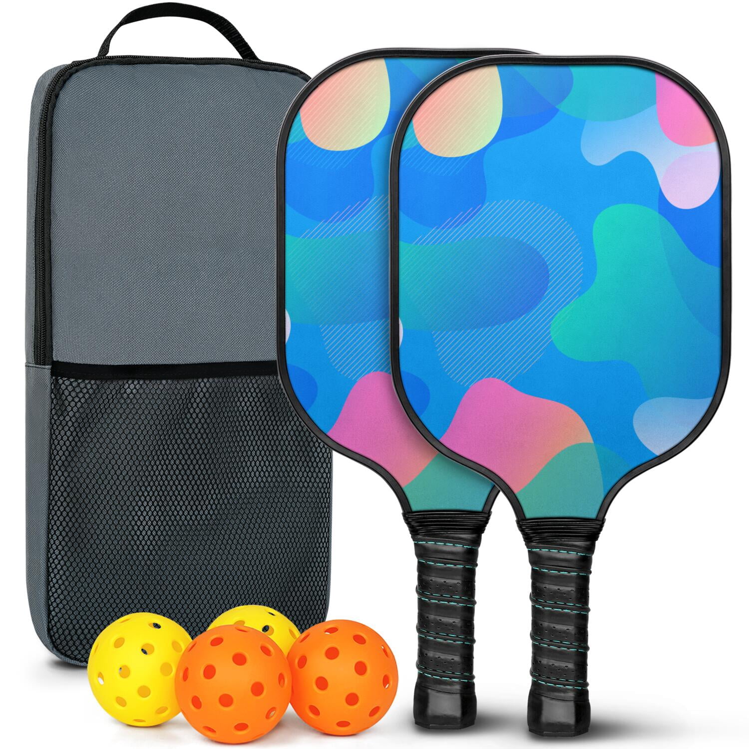 Pickleball Paddles Set Of 2, Fiberglass Surface, Neon Fluid Print, 4 Balls & Bag