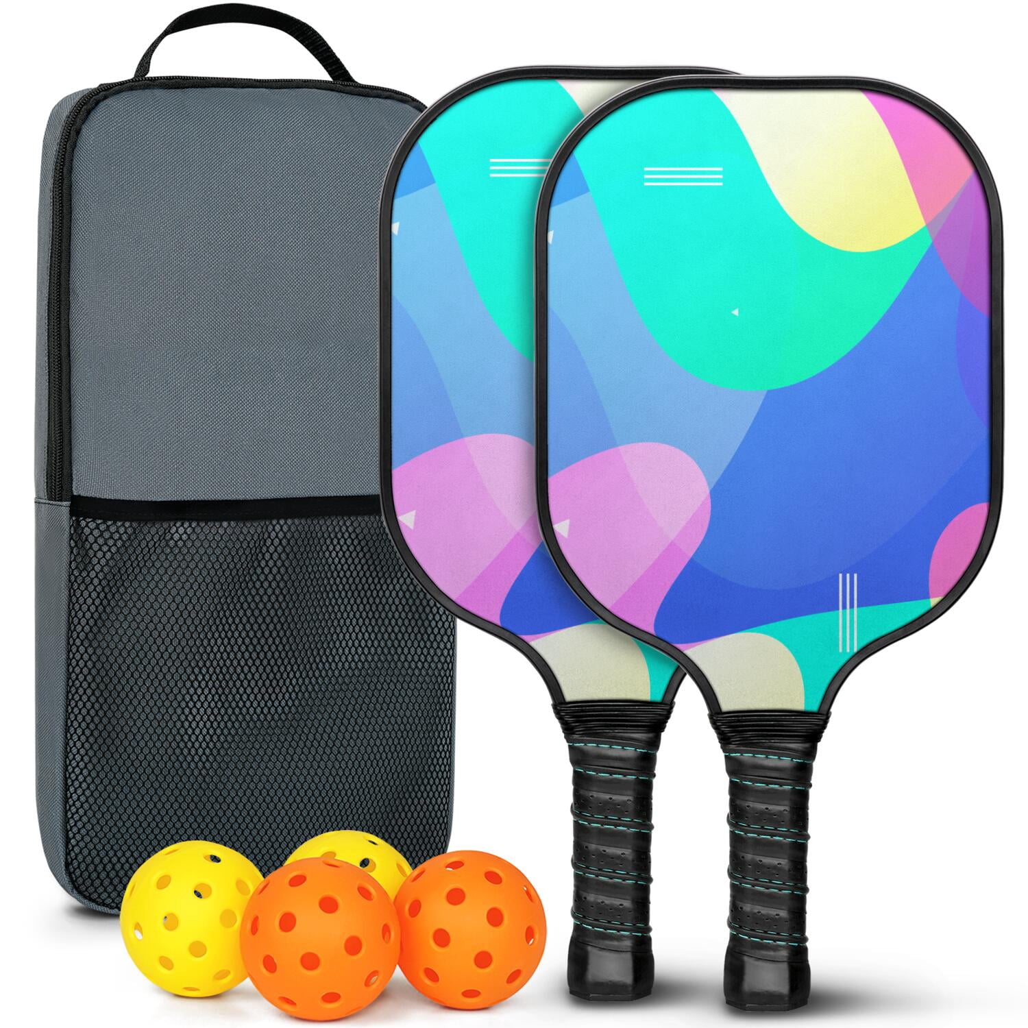 Pickleball Paddles Set Of 2, Fiberglass Surface, Neon Fluid Print, 4 Balls & Bag