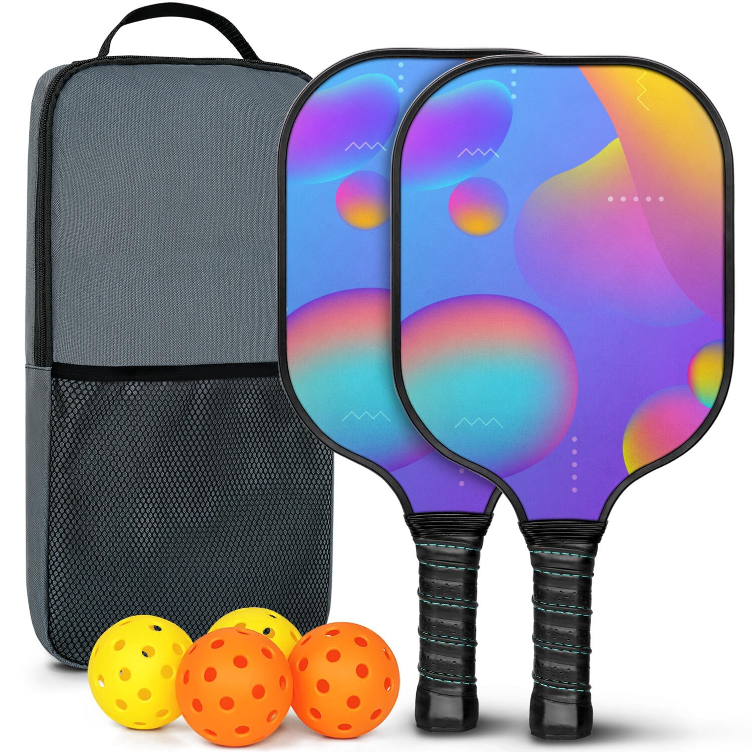 Pickleball Paddles Set Of 2, Fiberglass Surface, Neon Fluid Print, 4 Balls & Bag