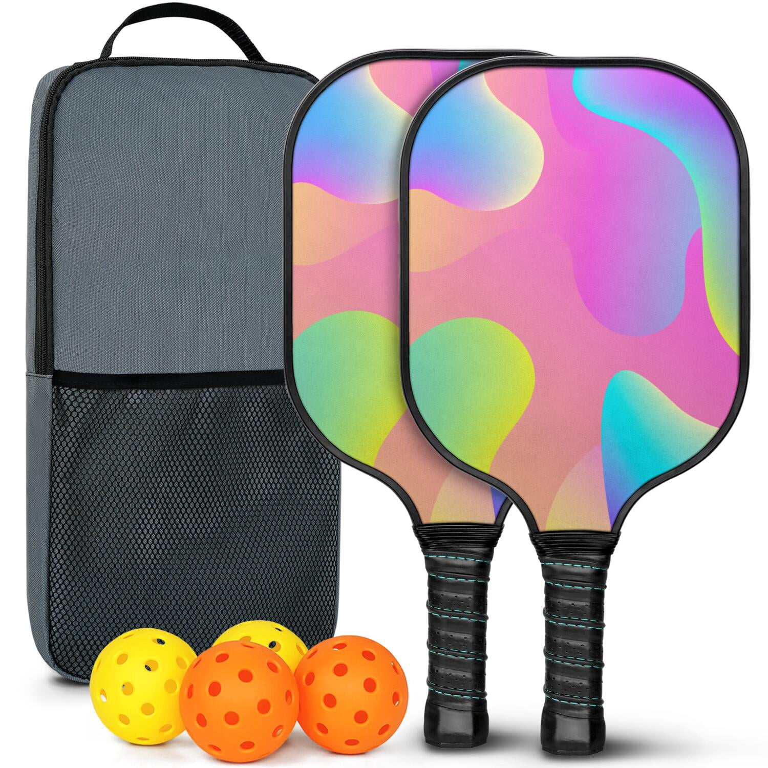 Pickleball Paddles Set Of 2, Fiberglass Surface, Neon Fluid Print, 4 Balls & Bag