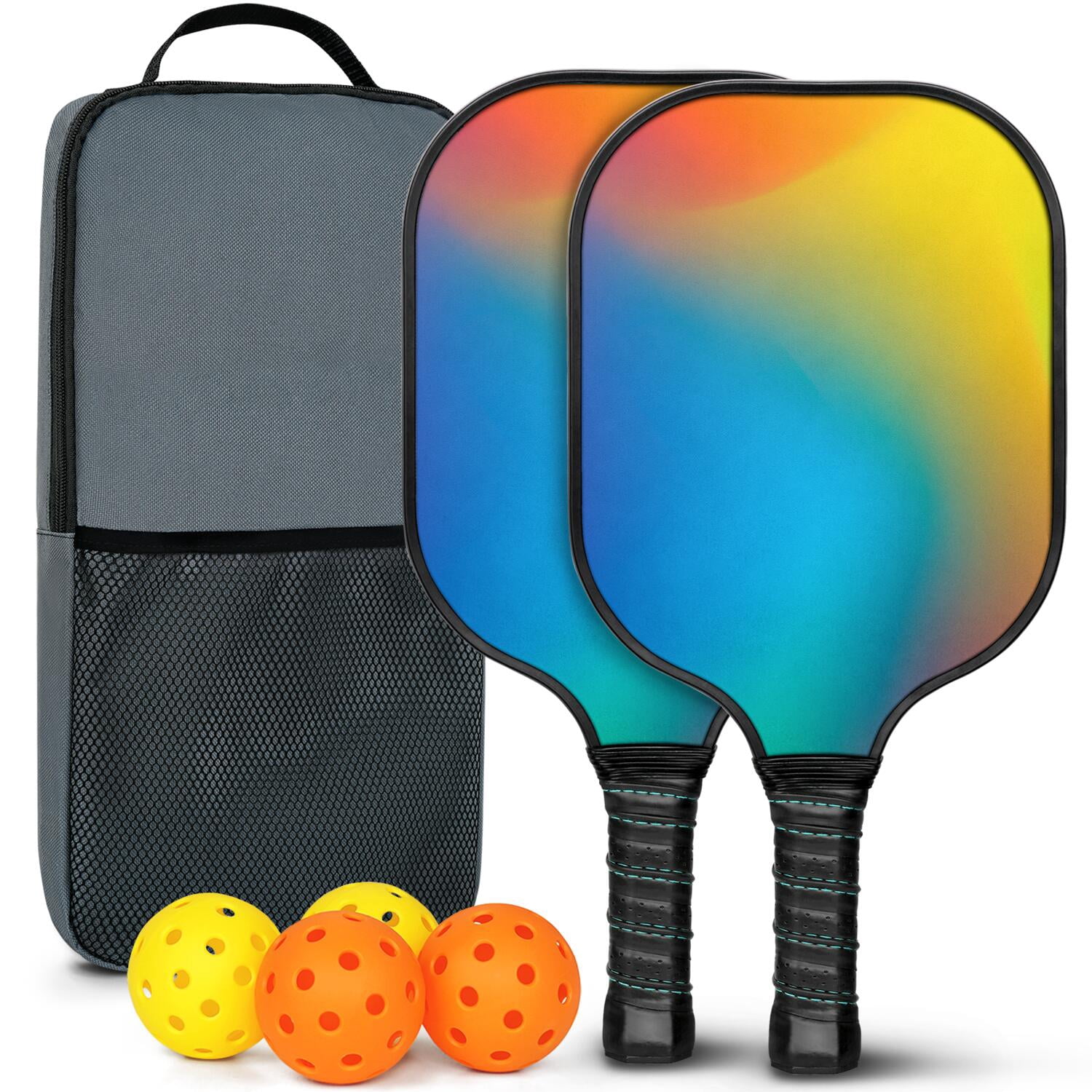 Pickleball Paddles Set Of 2, Fiberglass Surface, Neon Fluid Print, 4 Balls & Bag