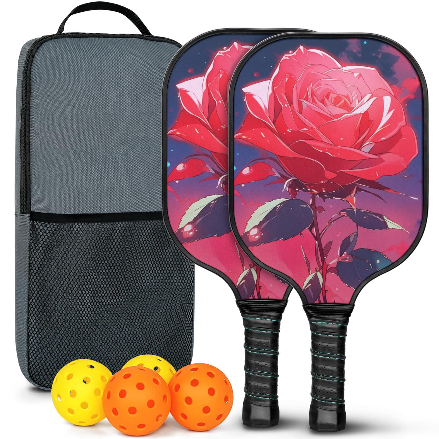 Pickleball Paddles Set Of 2, Fiberglass Surface, Rose, Floral Print, 4 Balls & Bag