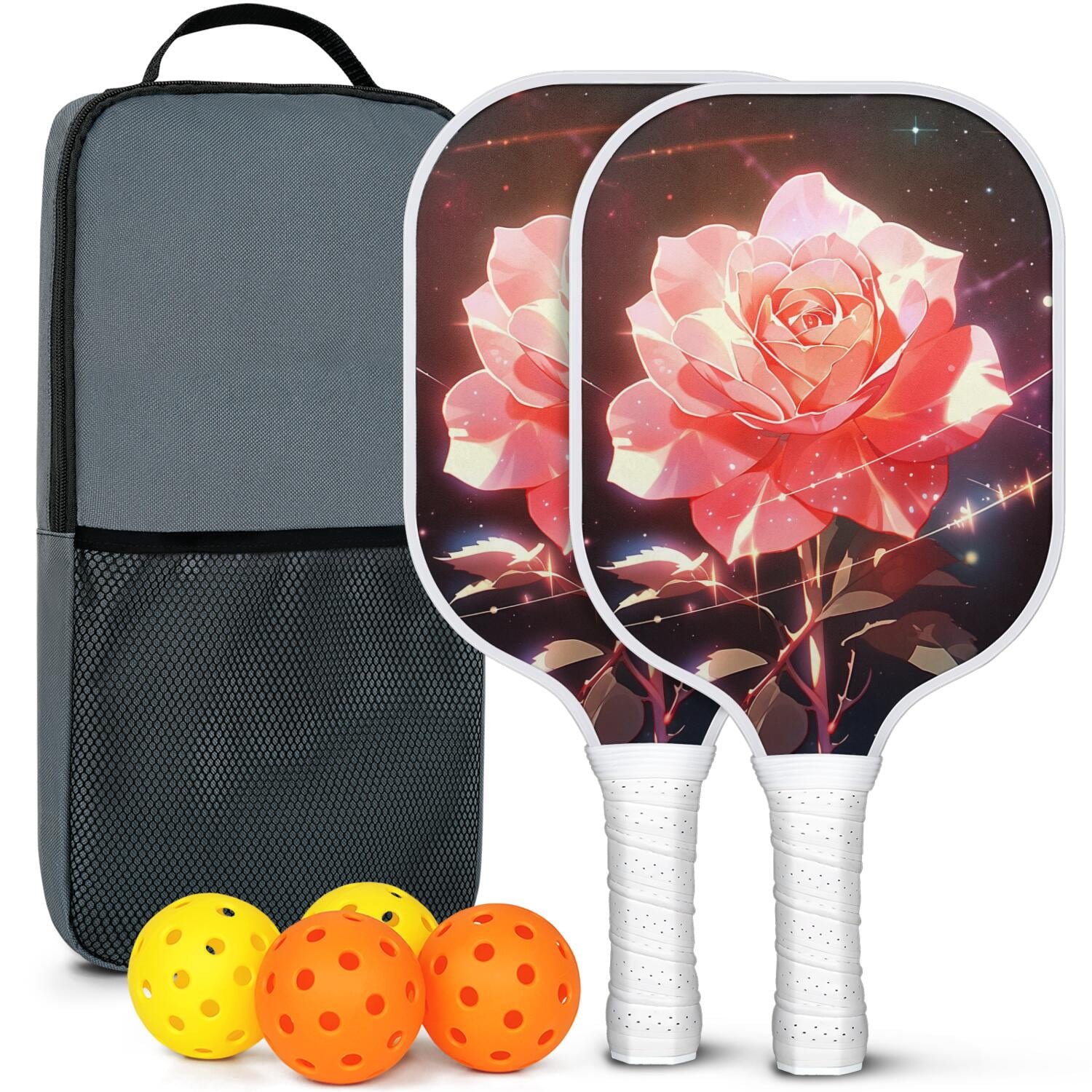 Pickleball Paddles Set Of 2, Fiberglass Surface, Rose, Floral Print, 4 Balls & Bag