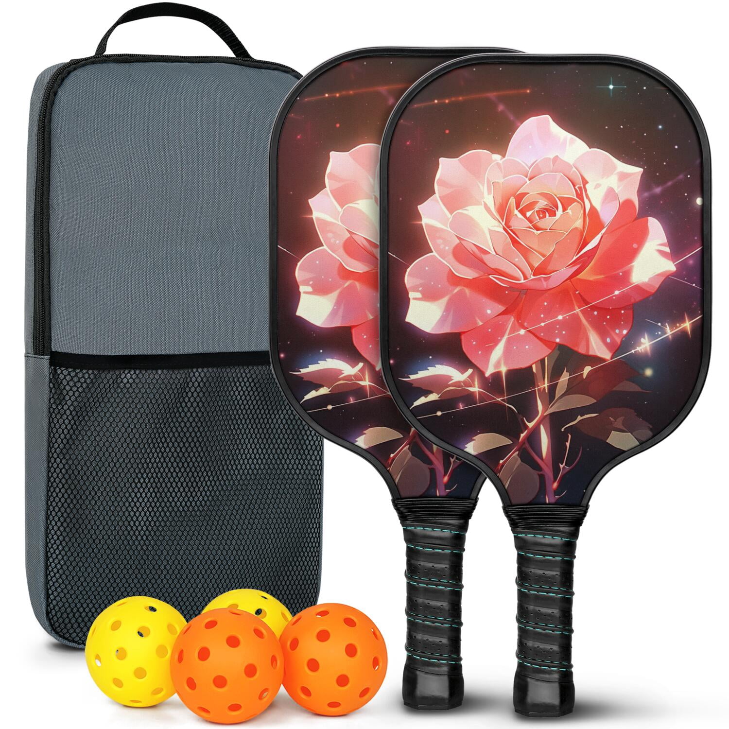 Pickleball Paddles Set Of 2, Fiberglass Surface, Rose, Floral Print, 4 Balls & Bag