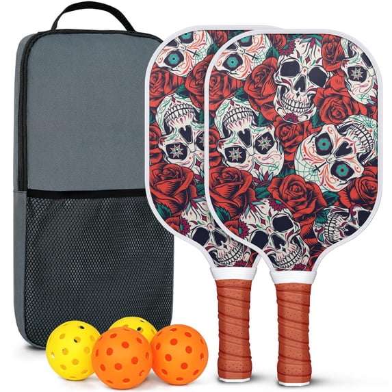 Pickleball Paddles Set Of 2, Fiberglass Surface, Skull & Cool Style, 4 Balls & Bag