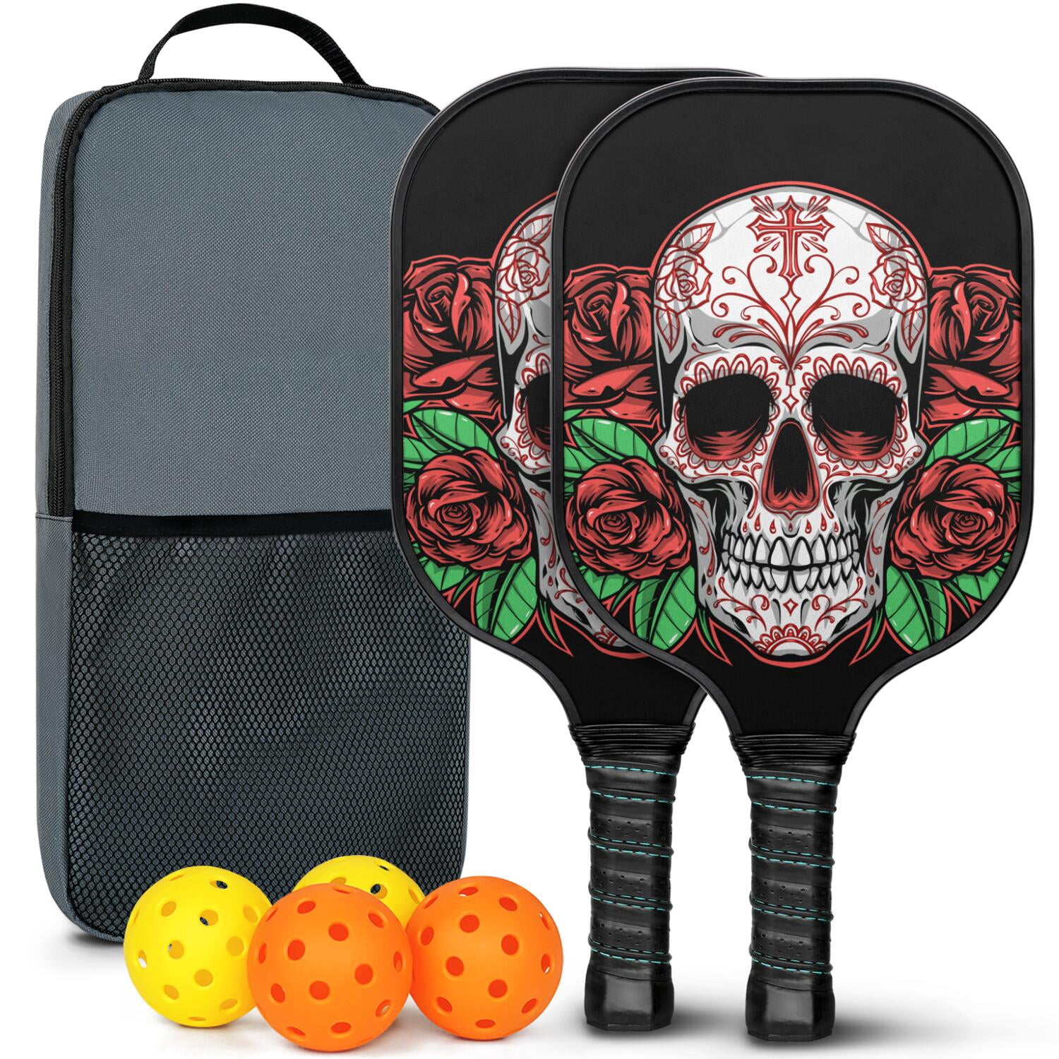 Pickleball Paddles Set Of 2, Fiberglass Surface, Skull & Cool Style, 4 Balls & Bag