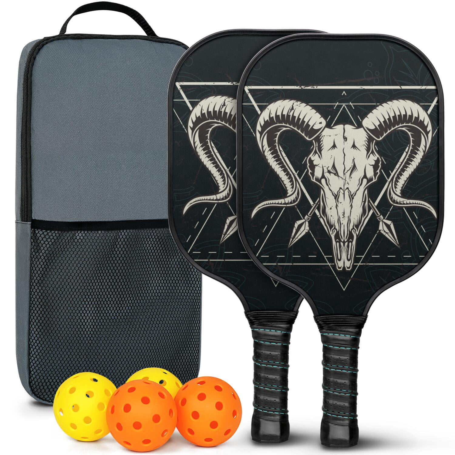 Pickleball Paddles Set Of 2, Fiberglass Surface, Skull & Cool Style, 4 Balls & Bag