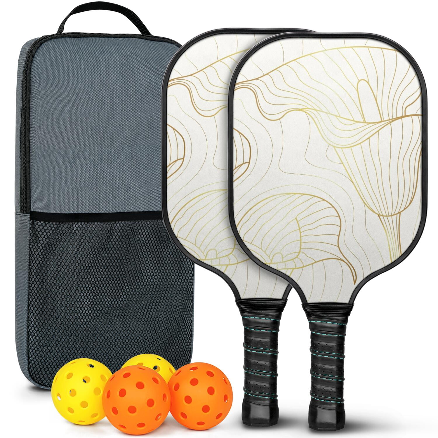 Pickleball Paddles Set Of 2, Fiberglass Surface, Spring Floral Print, 4 Balls & Bag