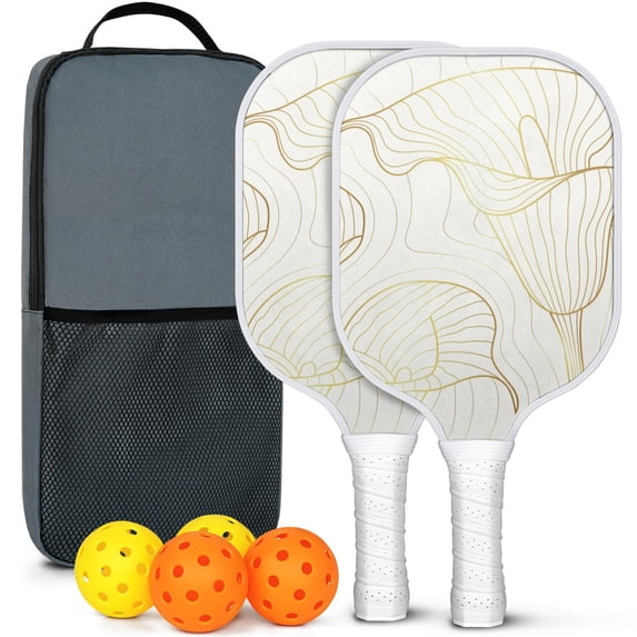 Pickleball Paddles Set Of 2, Fiberglass Surface, Spring Floral Print, 4 Balls & Bag