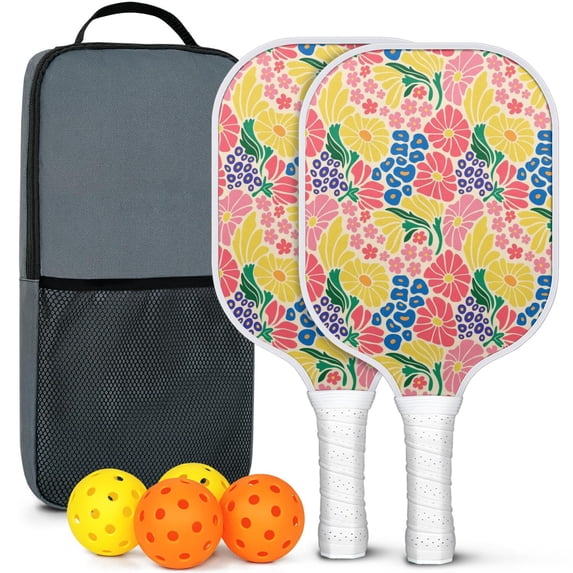 Pickleball Paddles Set Of 2, Fiberglass Surface, Spring Floral Print, 4 Balls & Bag