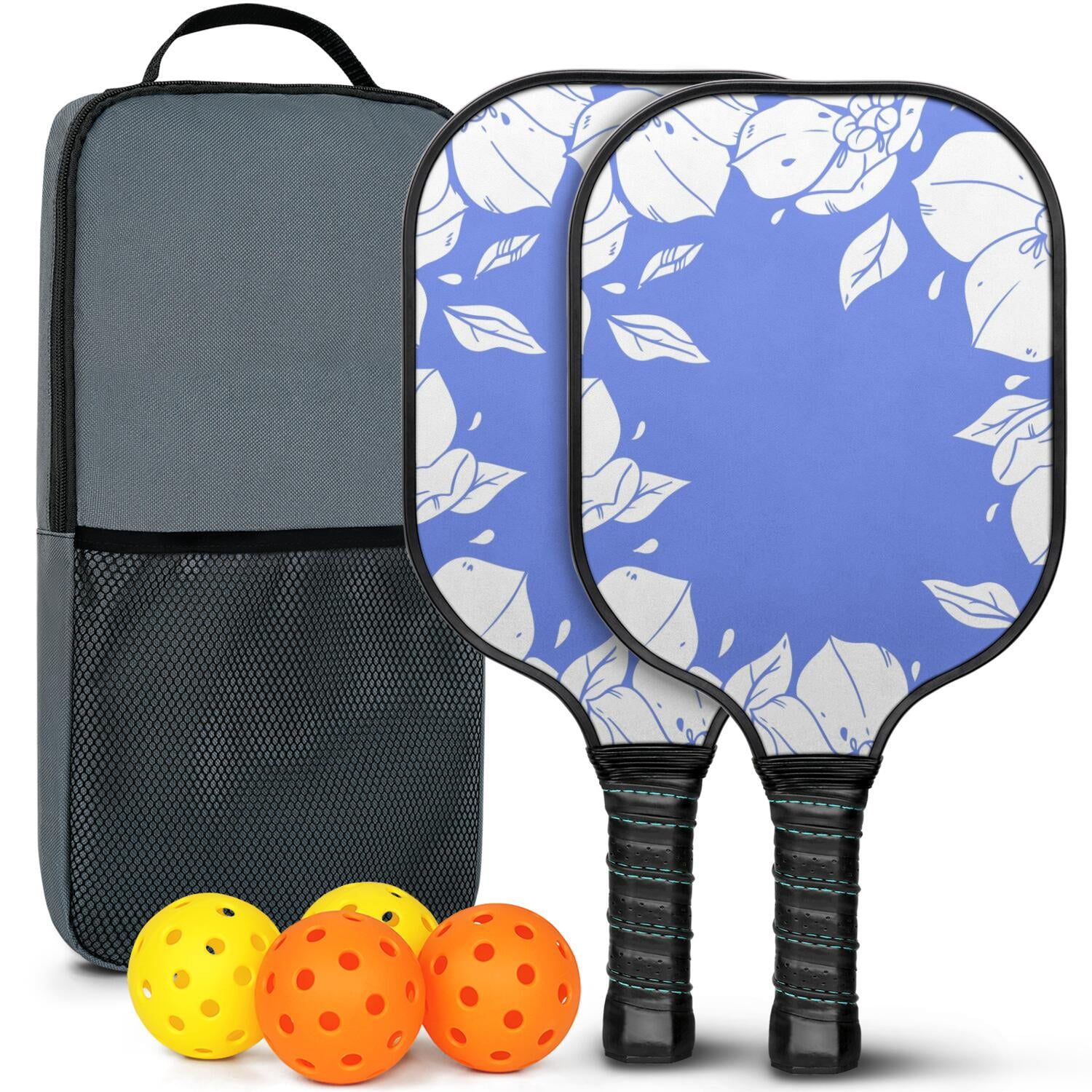 Pickleball Paddles Set Of 2, Fiberglass Surface, Spring Floral Print, 4 Balls & Bag