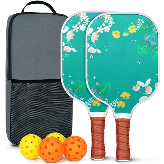 Pickleball Paddles Set Of 2, Fiberglass Surface, Spring Flowers Floral Print, 4 Balls & Bag