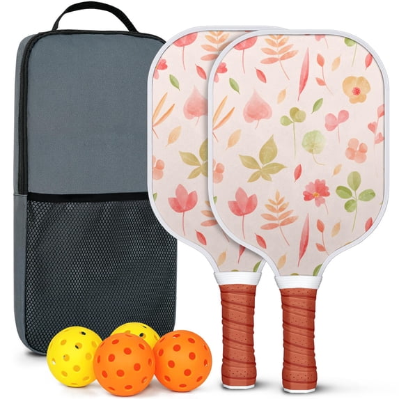 Pickleball Paddles Set Of 2, Fiberglass Surface, Spring Flowers Floral Print, 4 Balls & Bag