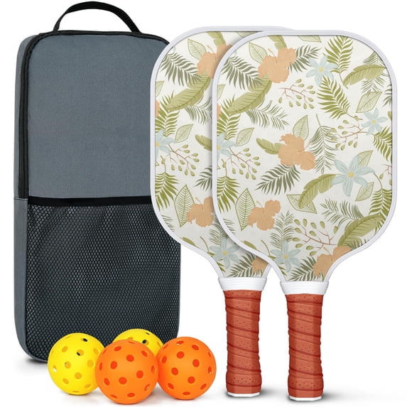 Pickleball Paddles Set Of 2, Fiberglass Surface, Spring Flowers Floral Print, 4 Balls & Bag