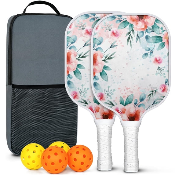 Pickleball Paddles Set Of 2, Fiberglass Surface, Spring Flowers Floral Print, 4 Balls & Bag