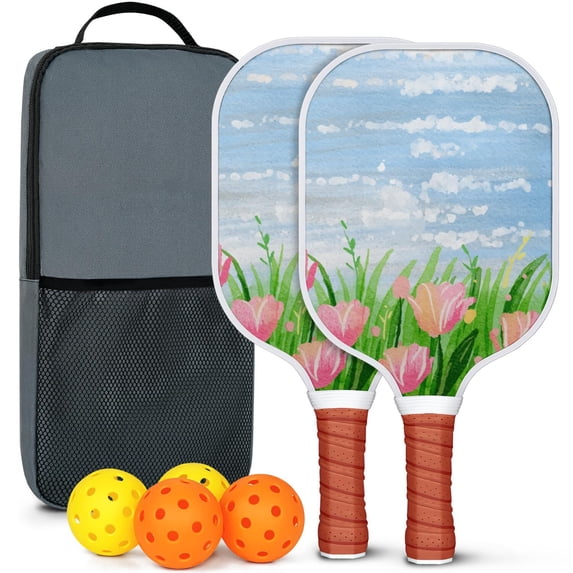Pickleball Paddles Set Of 2, Fiberglass Surface, Spring Flowers Floral Print, 4 Balls & Bag