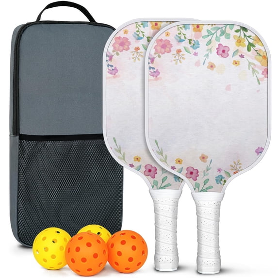Pickleball Paddles Set Of 2, Fiberglass Surface, Spring Flowers Floral Print, 4 Balls & Bag