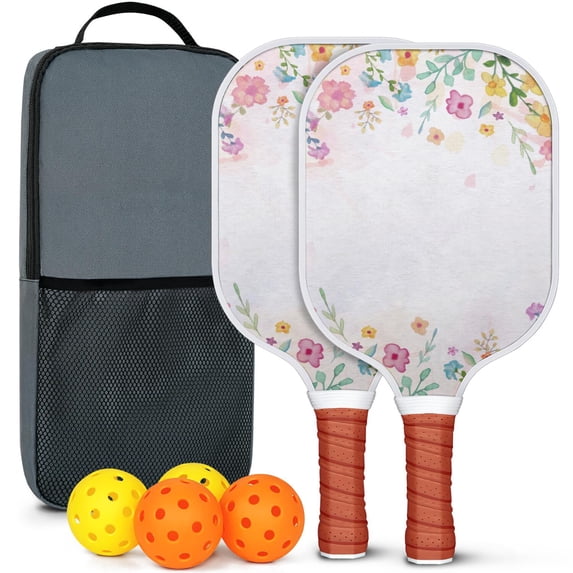 Pickleball Paddles Set Of 2, Fiberglass Surface, Spring Flowers Floral Print, 4 Balls & Bag