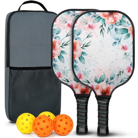 Pickleball Paddles Set Of 2, Fiberglass Surface, Spring Flowers Floral Print, 4 Balls & Bag