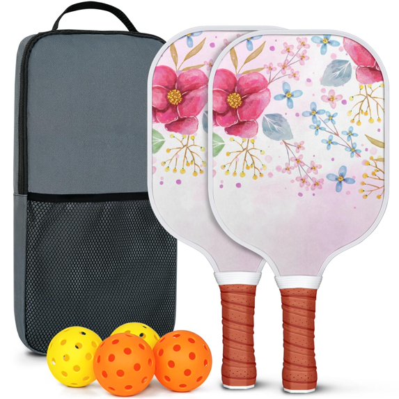 Pickleball Paddles Set Of 2, Fiberglass Surface, Spring Flowers Floral Print, 4 Balls & Bag