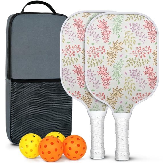 Pickleball Paddles Set Of 2, Fiberglass Surface, Spring Flowers Floral Print, 4 Balls & Bag