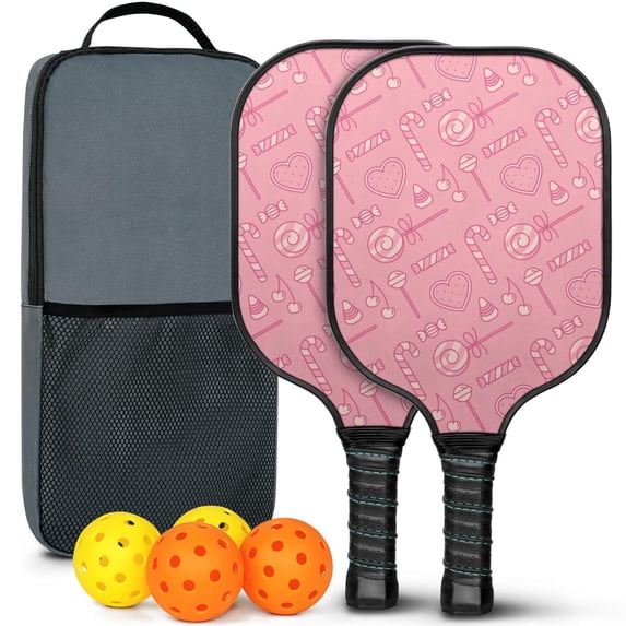 Pickleball Paddles Set Of 2, Fiberglass Surface, Sweet Candy Print, 4 Balls & Bag