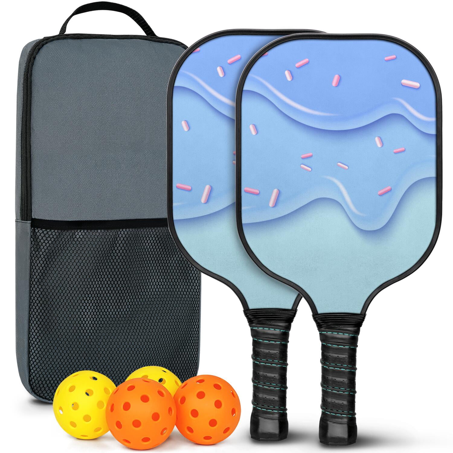 Pickleball Paddles Set Of 2, Fiberglass Surface, Sweet Candy Print, 4 Balls & Bag